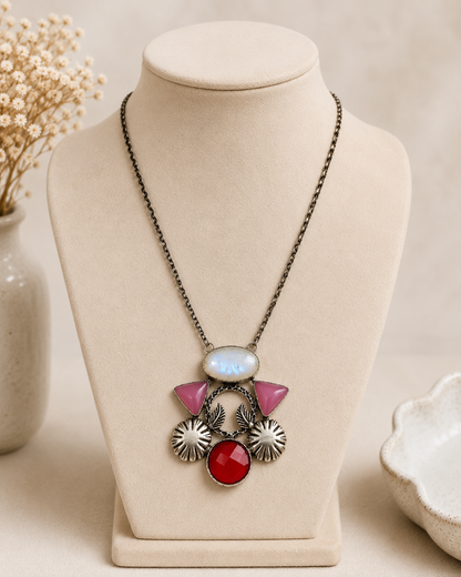 Handcrafted Silver Plated Rainbow Moonstone Statement Necklace Pendant NEC-4803
