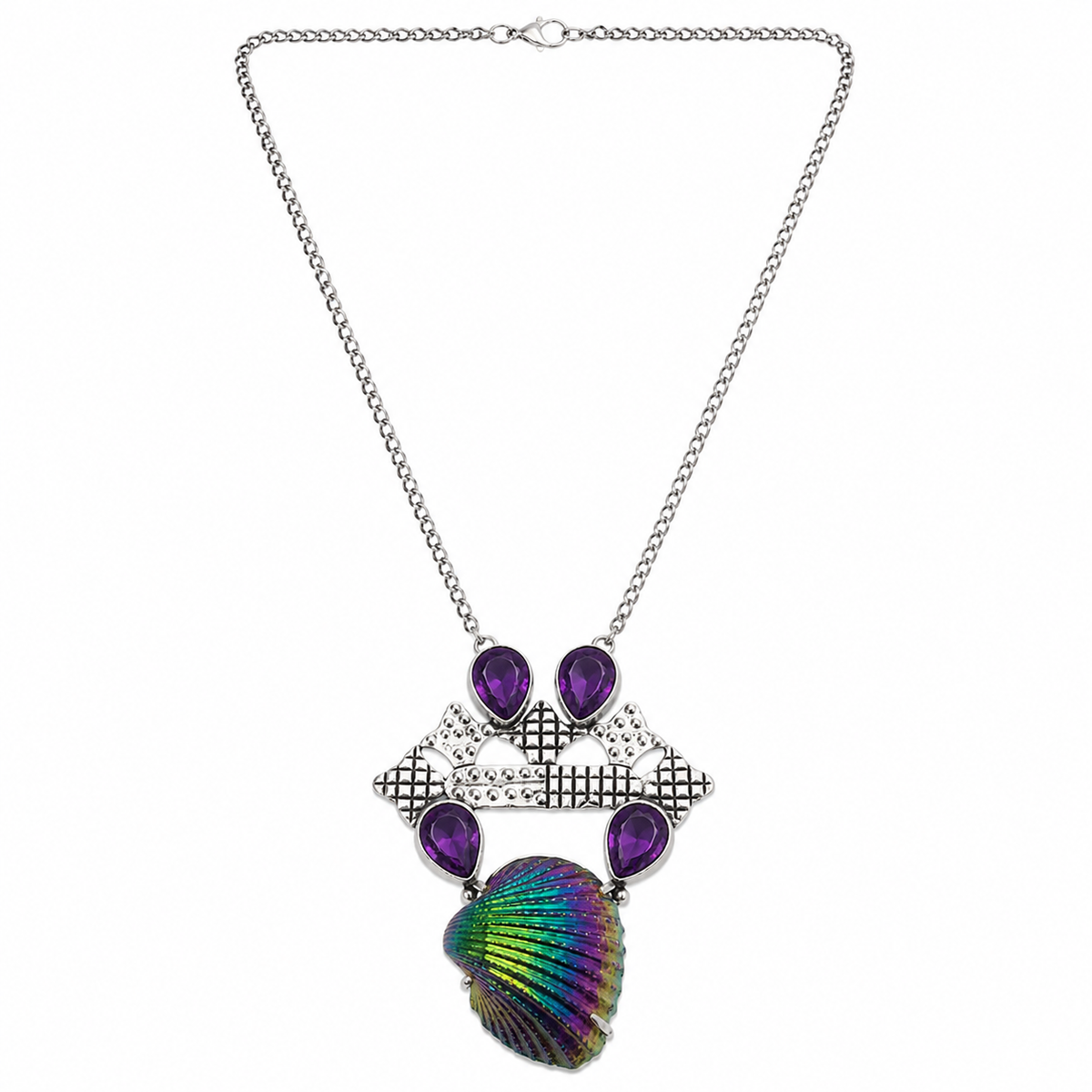 Handmade Purple Amethyst & Iridescent Shell Statement Necklace NEC-4804