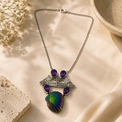 Handmade Purple Amethyst & Iridescent Shell Statement Necklace NEC-4804