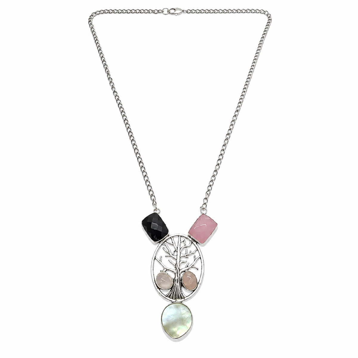 Tree of Life Gemstone Necklace with Black Onyx, Rose Quartz & MOP NEC-4805