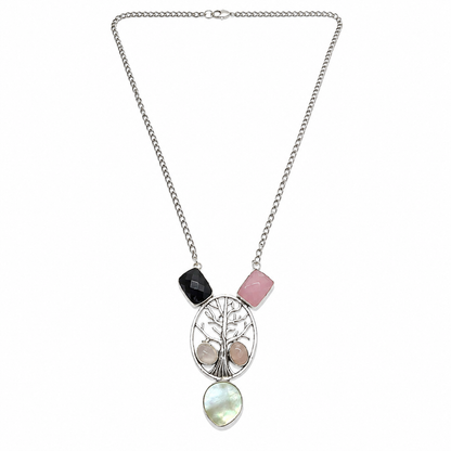 Tree of Life Gemstone Necklace with Black Onyx, Rose Quartz & MOP NEC-4805