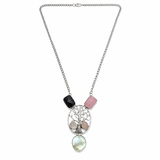 Tree of Life Gemstone Necklace with Black Onyx, Rose Quartz & MOP NEC-4805