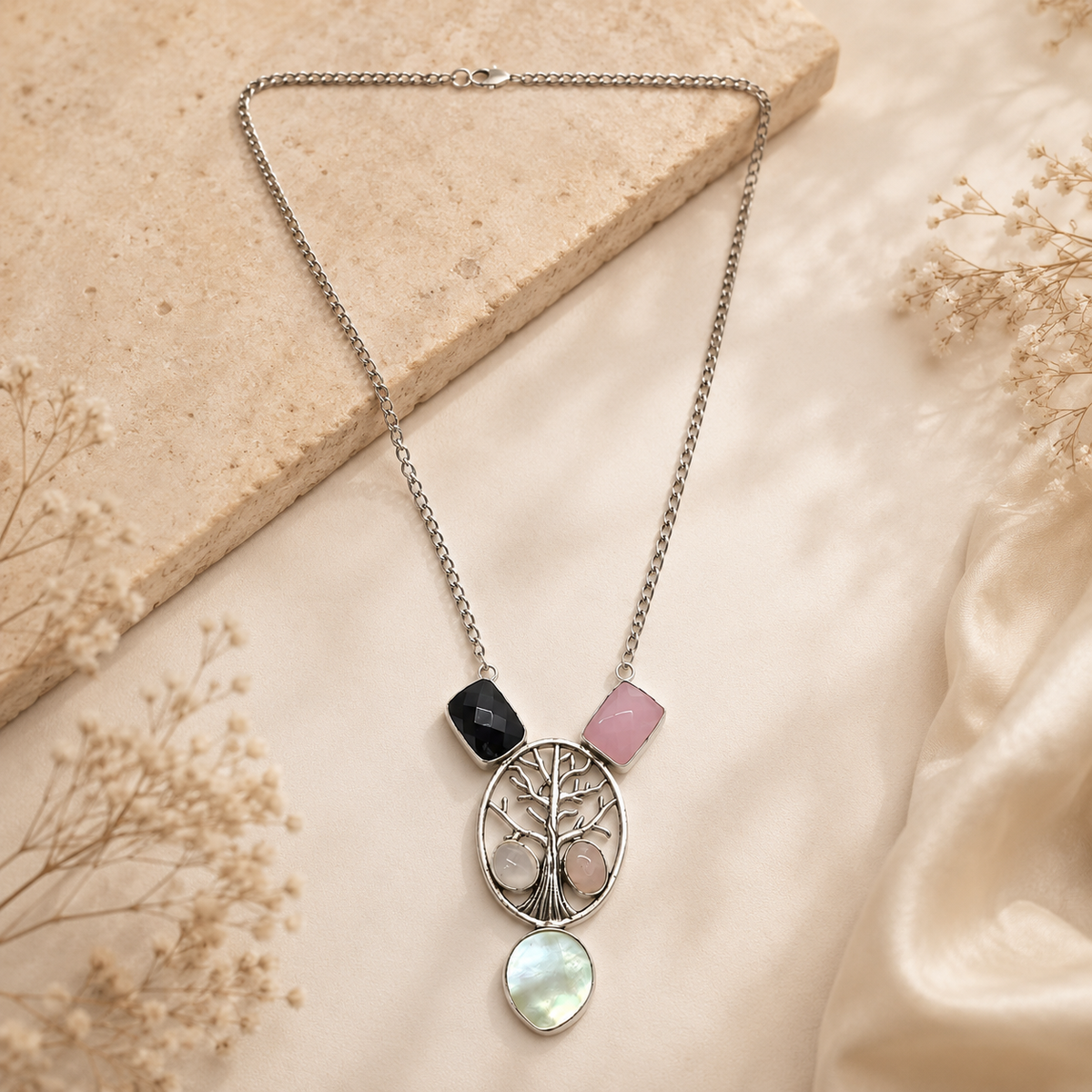 Tree of Life Gemstone Necklace with Black Onyx, Rose Quartz & MOP NEC-4805