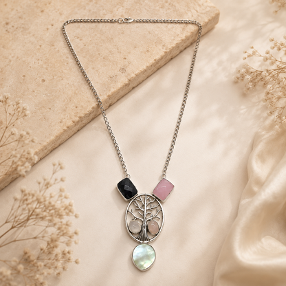 Tree of Life Gemstone Necklace with Black Onyx, Rose Quartz & MOP NEC-4805