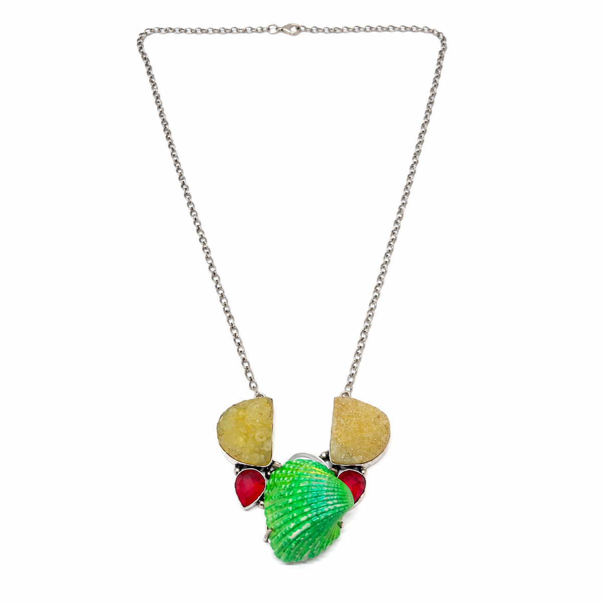 Oxidized Green Shell Druzy Ruby Quartz Gemstone Statement Necklace NEC-4806