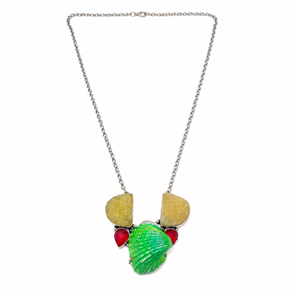 Oxidized Green Shell Druzy Ruby Quartz Gemstone Statement Necklace NEC-4806
