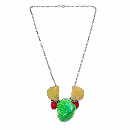 Oxidized Green Shell Druzy Ruby Quartz Gemstone Statement Necklace NEC-4806