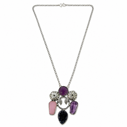 Designer Amethyst Rose Quartz Onyx Pendant Necklace with Floral Motif NEC-4807