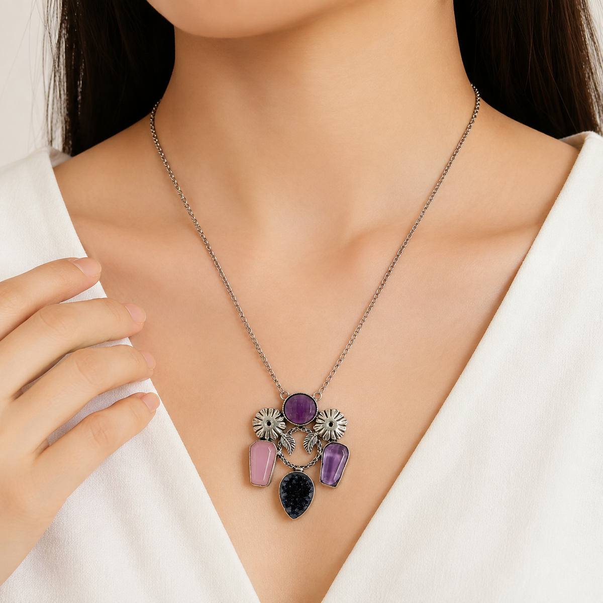 Designer Amethyst Rose Quartz Onyx Pendant Necklace with Floral Motif NEC-4807