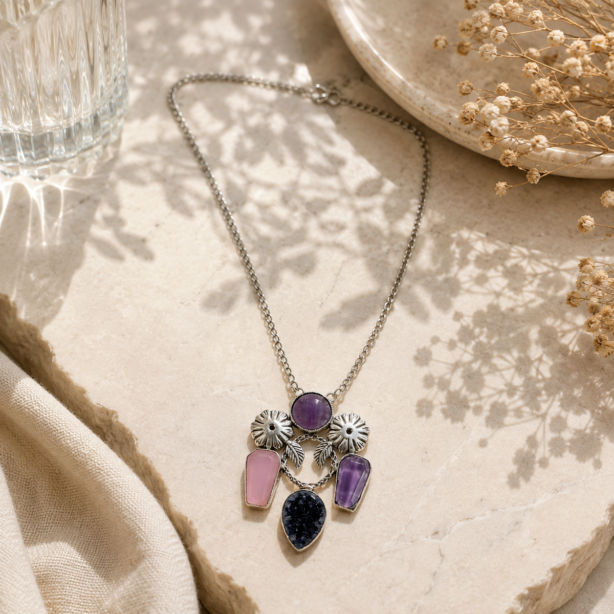 Designer Amethyst Rose Quartz Onyx Pendant Necklace with Floral Motif NEC-4807