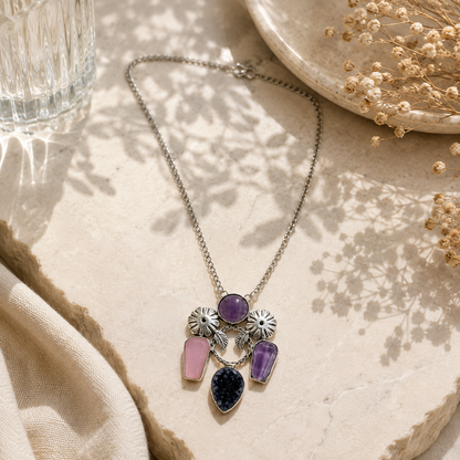 Designer Amethyst Rose Quartz Onyx Pendant Necklace with Floral Motif NEC-4807