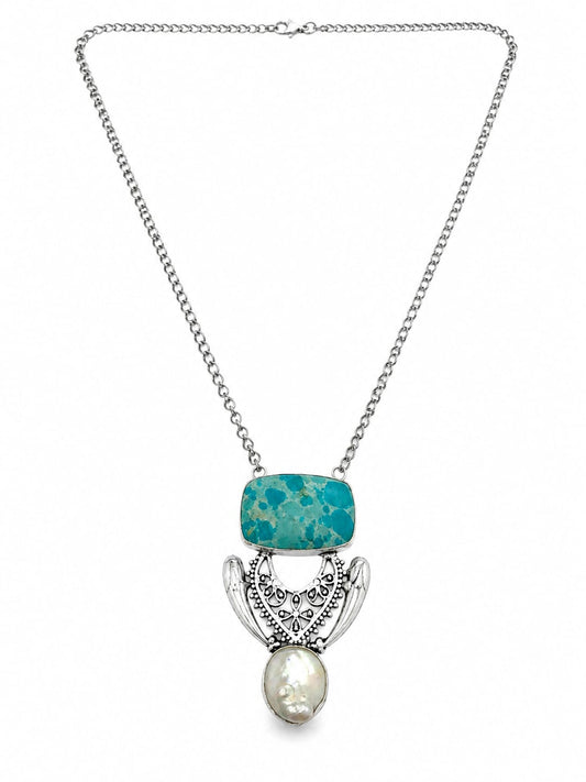 Bohemian Silver Necklace with Turquoise Stone & Pearl Pendant Jewelry NEC-4809