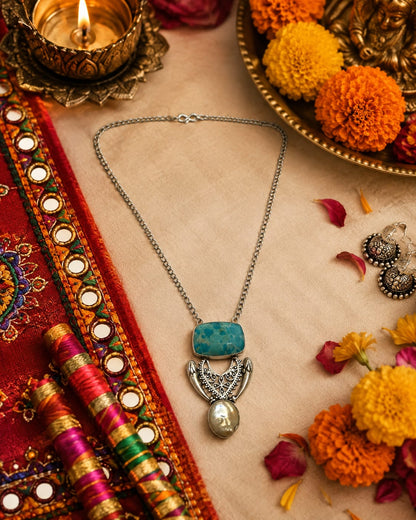 Bohemian Silver Necklace with Turquoise Stone & Pearl Pendant Jewelry NEC-4809