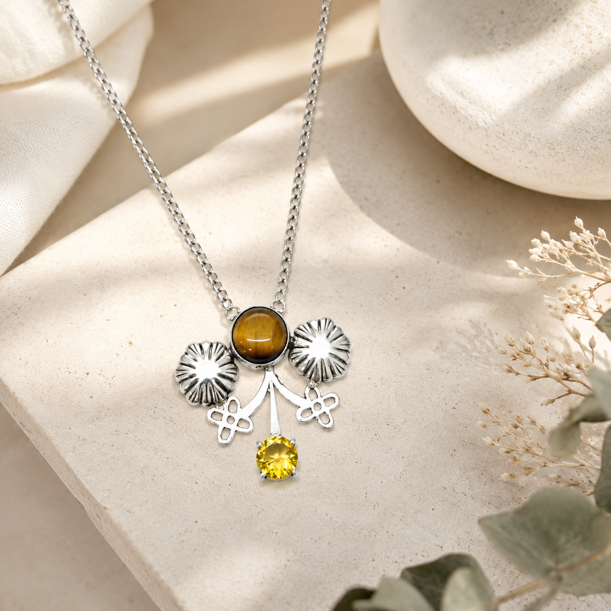 Natural Tiger Eye Gemstone With Citrine Necklace Silver Plated Jewelry NEC-4810