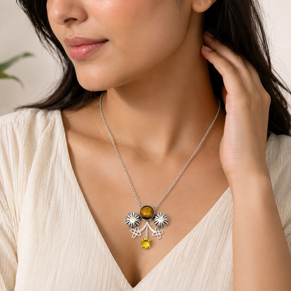 Natural Tiger Eye Gemstone With Citrine Necklace Silver Plated Jewelry NEC-4810