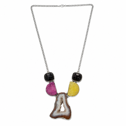 Women's Silver Statement Necklace with Black Onyx, Agate & Yellow Gems NEC-4812