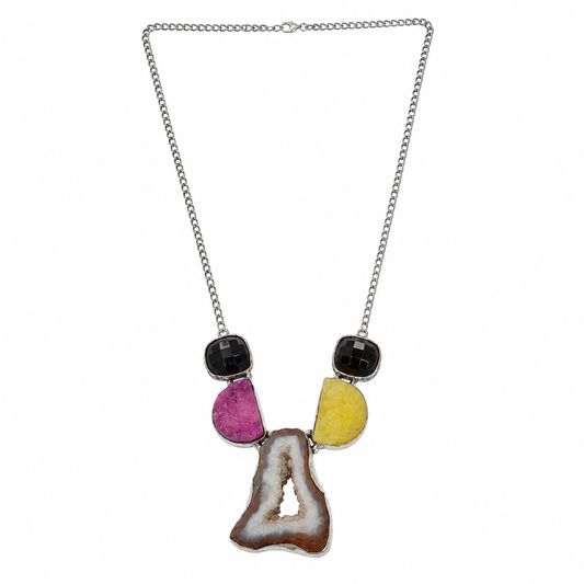 Women's Silver Statement Necklace with Black Onyx, Agate & Yellow Gems NEC-4812