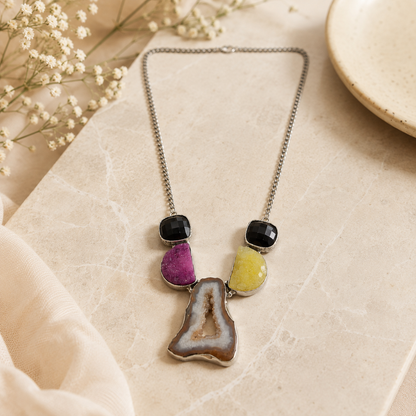 Women's Silver Statement Necklace with Black Onyx, Agate & Yellow Gems NEC-4812