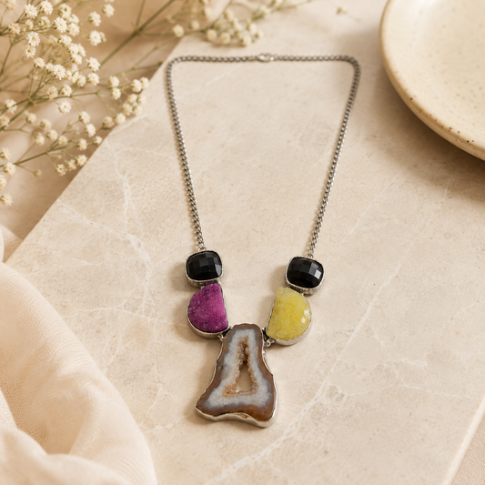 Women's Silver Statement Necklace with Black Onyx, Agate & Yellow Gems NEC-4812