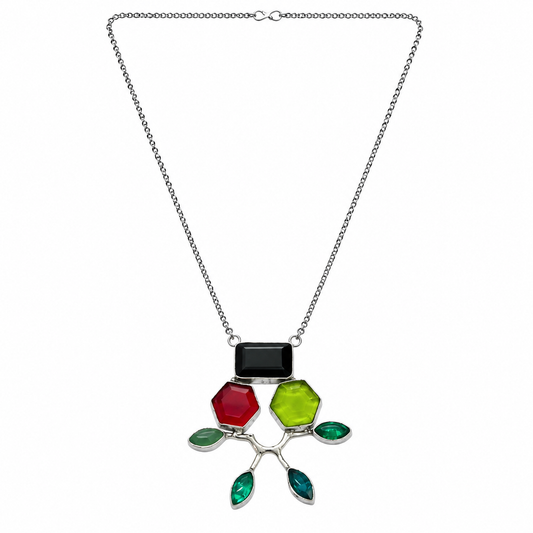 Silver Multicolor Gemstone Branch Pendant Statement Necklace NEC-4813