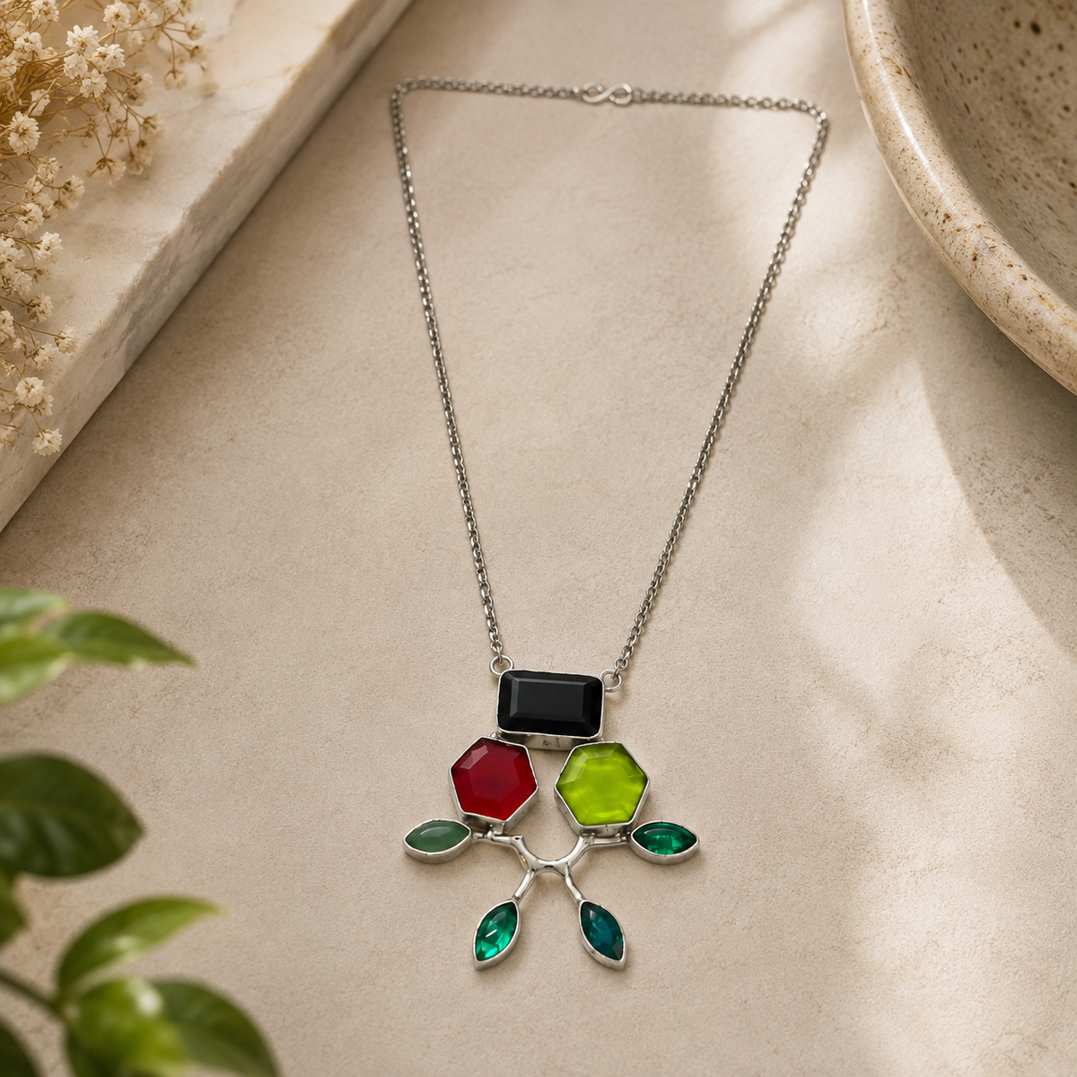 Silver Multicolor Gemstone Branch Pendant Statement Necklace NEC-4813