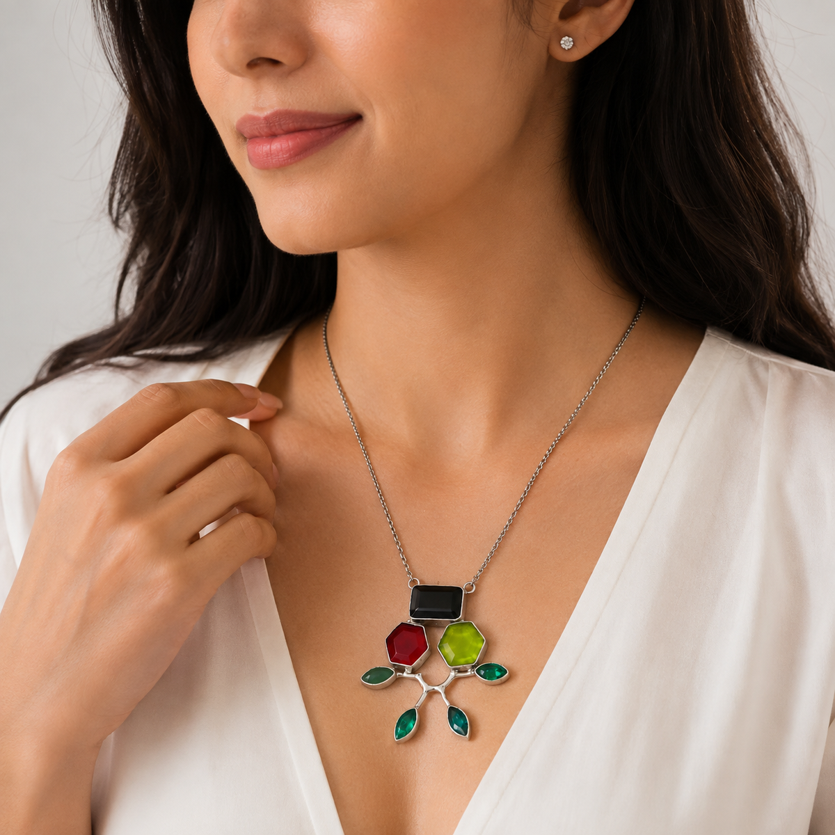 Silver Multicolor Gemstone Branch Pendant Statement Necklace NEC-4813