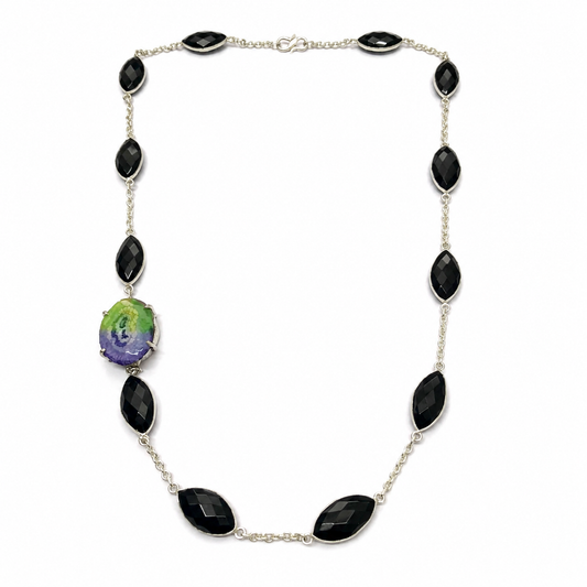 Handmade Black Onyx & Natural Amethyst Statement Necklace NEC-4819