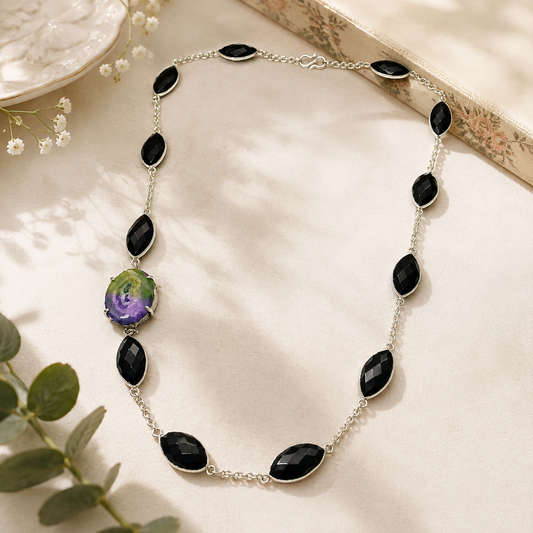 Handmade Black Onyx & Natural Amethyst Statement Necklace NEC-4819