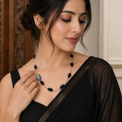 Handmade Black Onyx & Natural Amethyst Statement Necklace NEC-4819