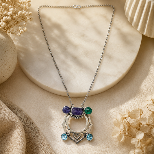 Contemporary Geometric Statement Necklace with Multi-Color Stone NEC-4894