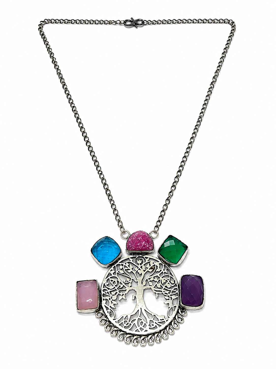 Tree of Life Silver Plated Multi Quartz Statement Necklace Pendant 18 NEC-4895
