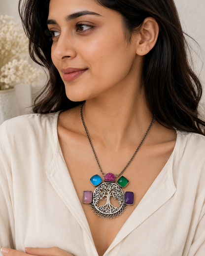 Tree of Life Silver Plated Multi Quartz Statement Necklace Pendant 18 NEC-4895
