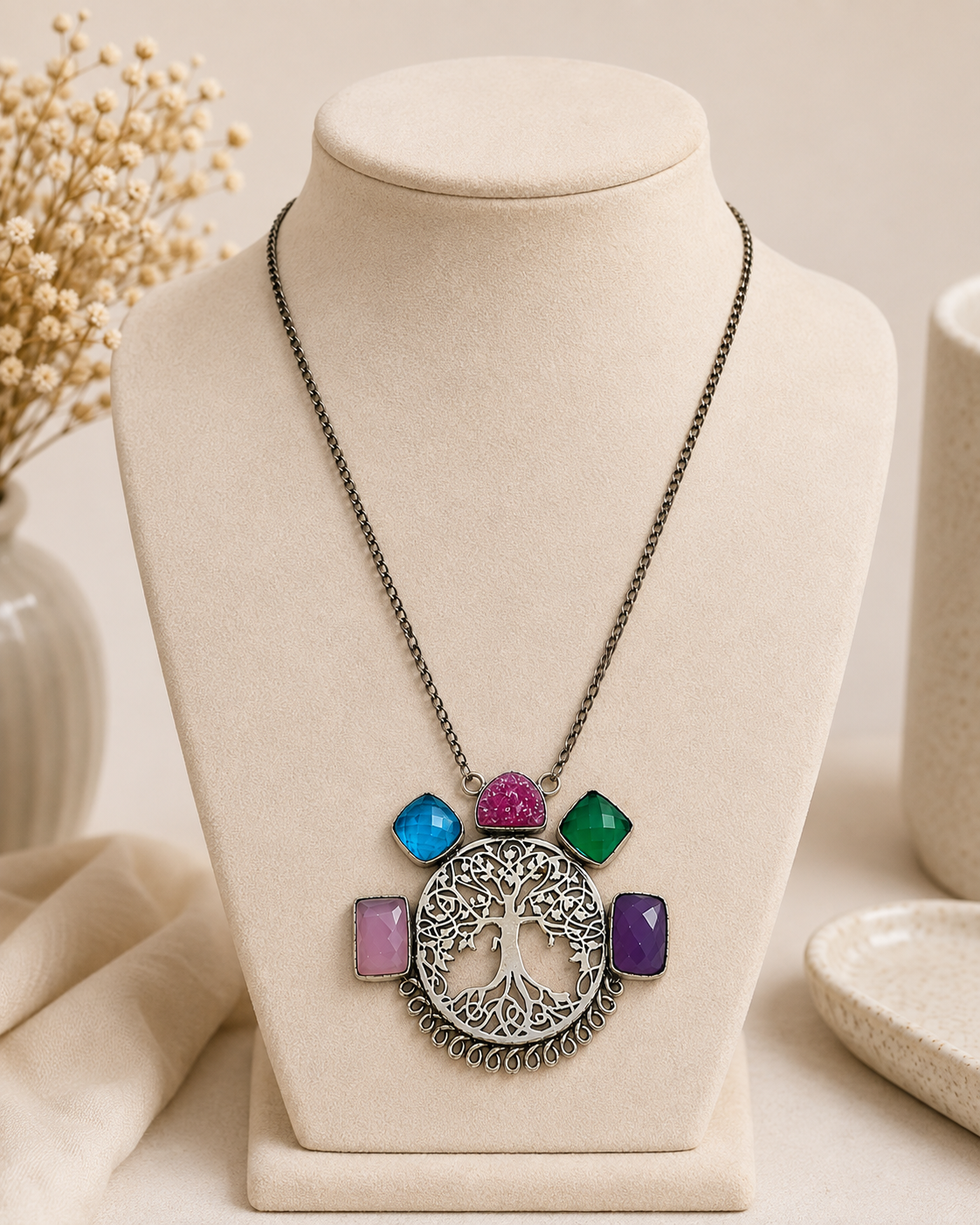 Tree of Life Silver Plated Multi Quartz Statement Necklace Pendant 18 NEC-4895