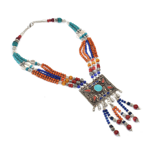 Nepali Tibetan Silver Necklace Turquoise Lapis Coral Fashion Jewelry Gift NEC-5048