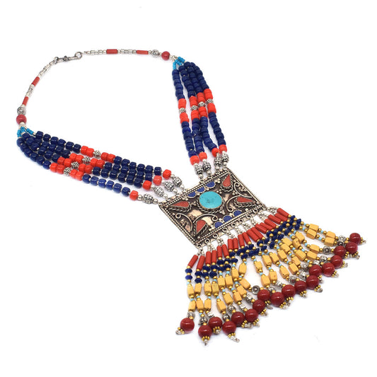 Stunning Tibetan Silver Necklace Turquoise Lapis Coral Women's Jewelry NEC-5049