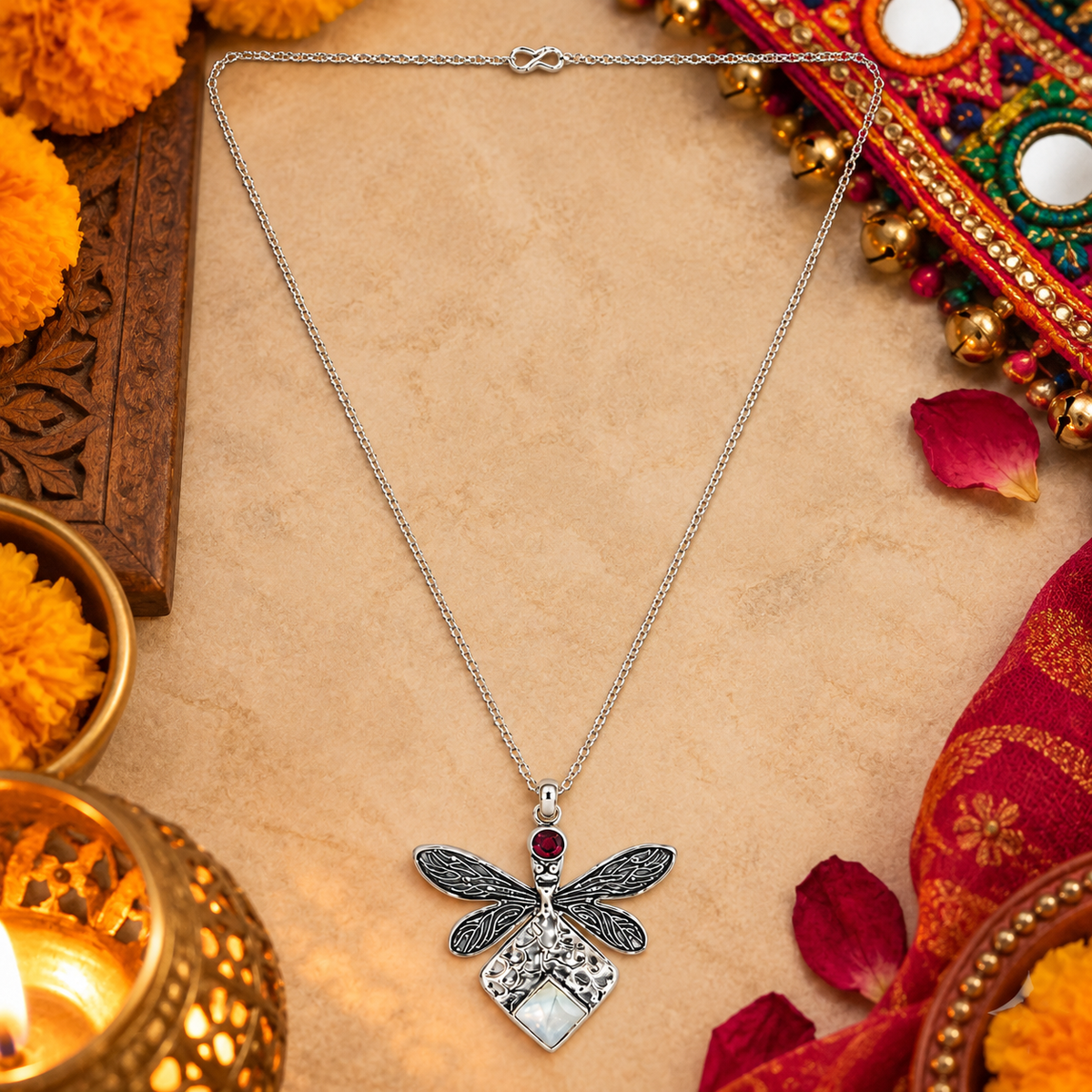 Dragonfly Motif Statement Necklace with Decorative Filigree Pendant NEC-5143