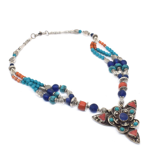 Coral Turquoise Lapis Gemstone Tibetan Fashion Jewelry Beaded Necklace 18" NEC-5174