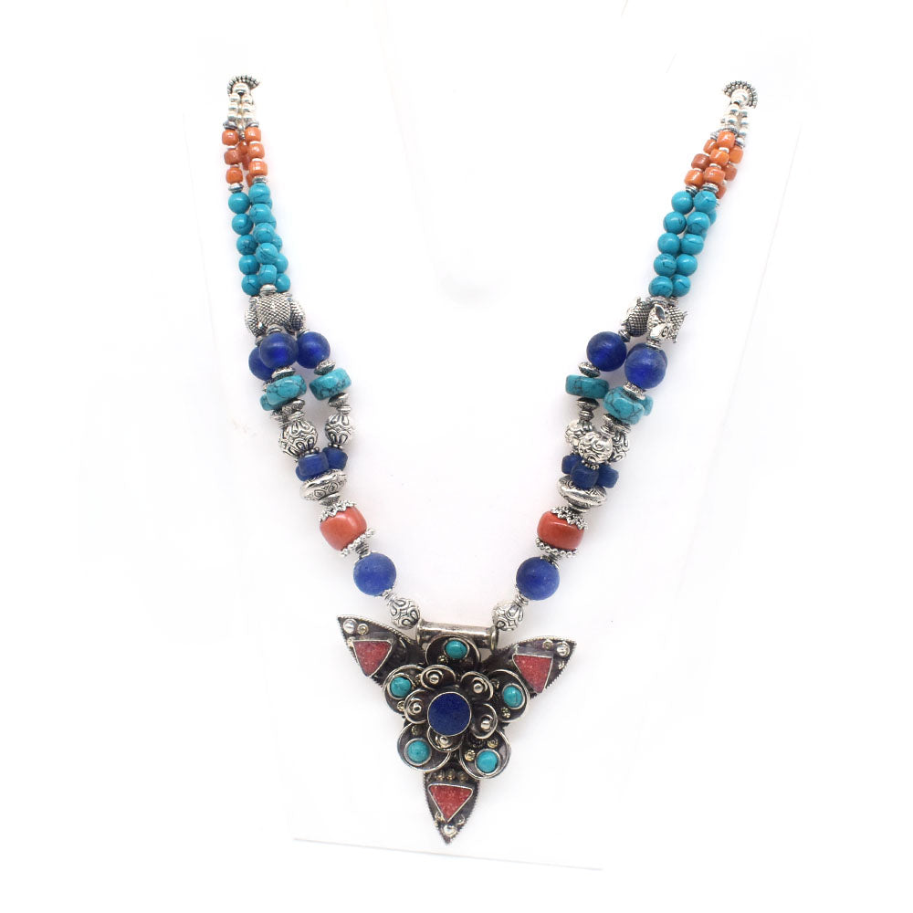 Coral Turquoise Lapis Gemstone Tibetan Fashion Jewelry Beaded Necklace 18" NEC-5174