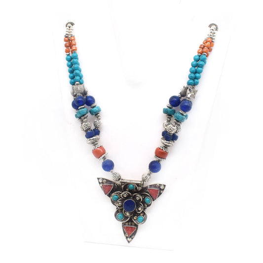 Coral Turquoise Lapis Gemstone Tibetan Fashion Jewelry Beaded Necklace 18" NEC-5174