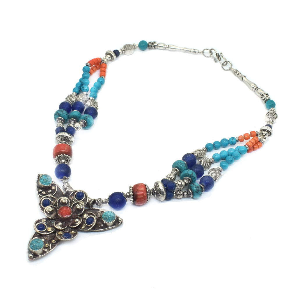 Coral Turquoise Lapis Gemstone Tibetan Fashion Jewelry Beaded Necklace 18" NEC-5174