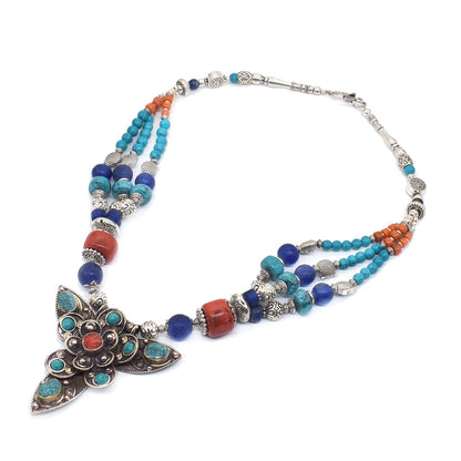 Coral Turquoise Lapis Gemstone Tibetan Fashion Jewelry Beaded Necklace 18" NEC-5174