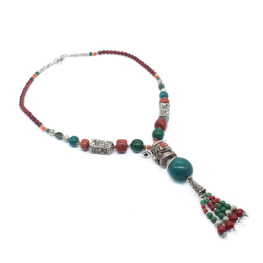 Vintage Tibetan Fashion Jewelry Red Coral Turquoise Beaded Necklace 18" NEC-5175
