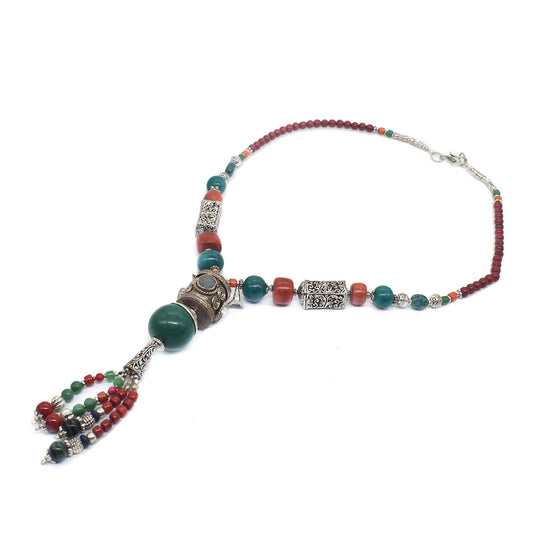 Vintage Tibetan Fashion Jewelry Red Coral Turquoise Beaded Necklace 18" NEC-5175