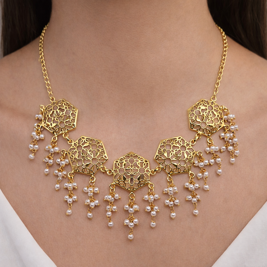 Gold Hexagon Statement Necklace Dangle Design Elegant Layered Fashion Jewelry NEC01-GLD