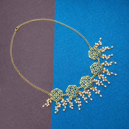 Gold Hexagon Statement Necklace Dangle Design Elegant Layered Fashion Jewelry NEC01-GLD