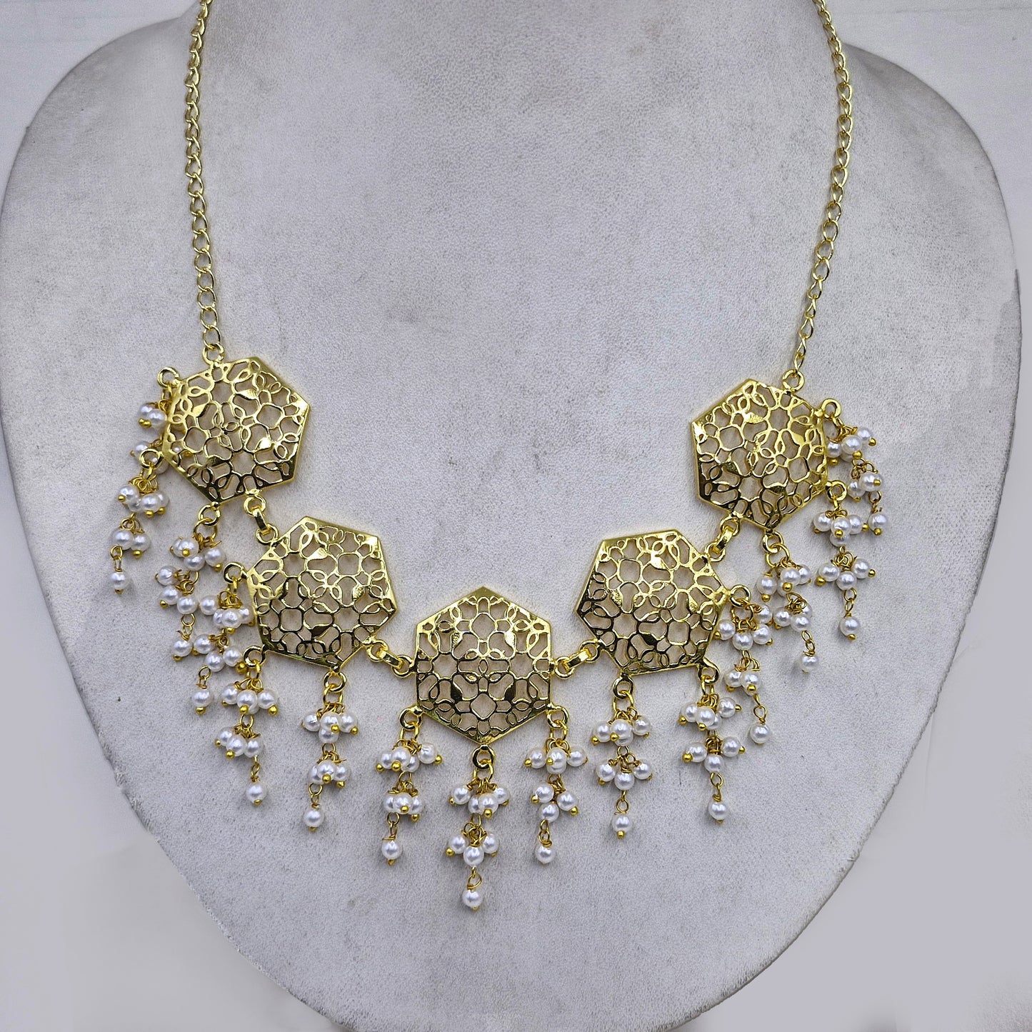 Gold Hexagon Statement Necklace Dangle Design Elegant Layered Fashion Jewelry NEC01-GLD