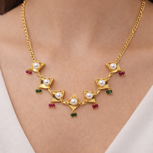 Gold Pearl Dangle Necklace Geometric Charm Design Elegant Jewelry NEC04-GLD