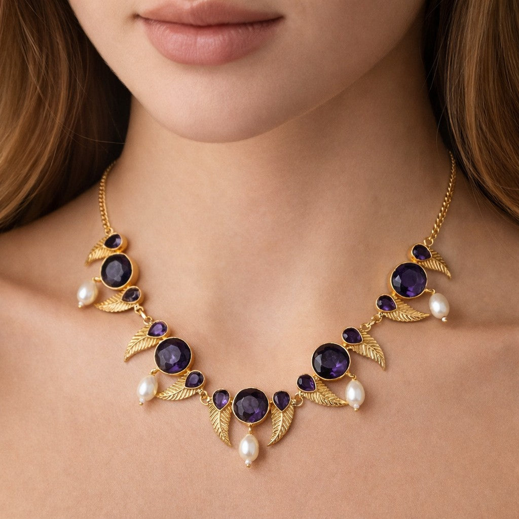 Gold Leaf Motif Statement Necklace Pearl Drop Design Elegant Designer Jewelry NEC05-GLD