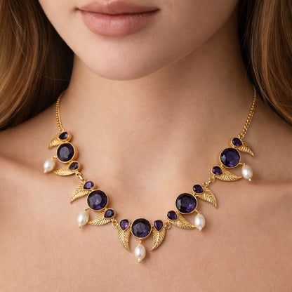 Gold Leaf Motif Statement Necklace Pearl Drop Design Elegant Designer Jewelry NEC05-GLD