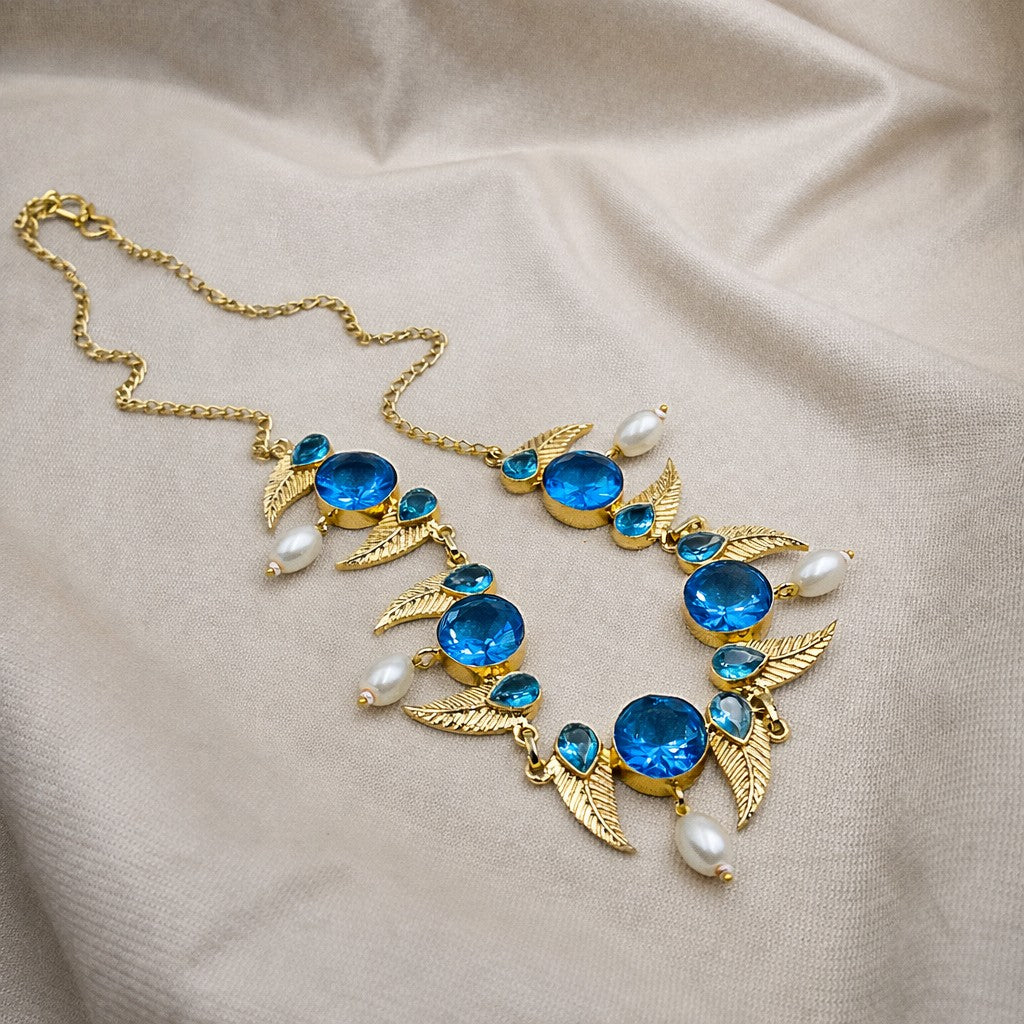 Gold Leaf Motif Statement Necklace Pearl Drop Design Elegant Designer Jewelry NEC05-GLD